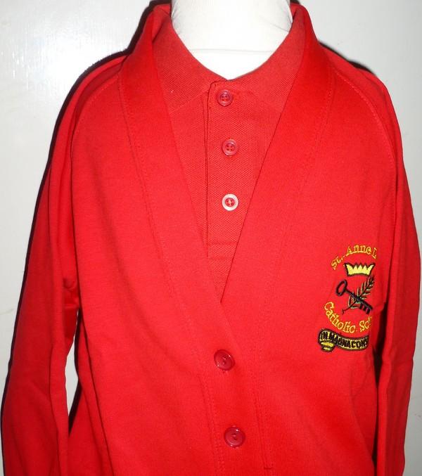 St Anne Line Catholic Juniors School - Red Sweat Cardigan with School Logo - Schoolwear Centres | School Uniform Centres