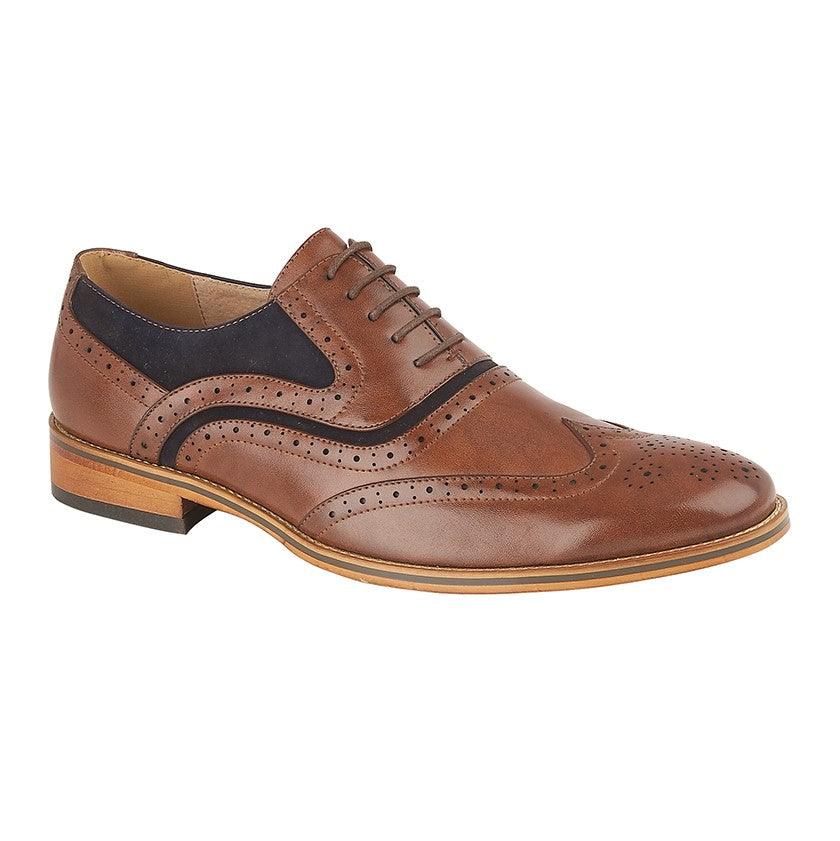 GOOR 5 Eye Wing Capped Brogue Oxford Shoe | Dark Tan/Navy - Schoolwear Centres | School Uniform Centres