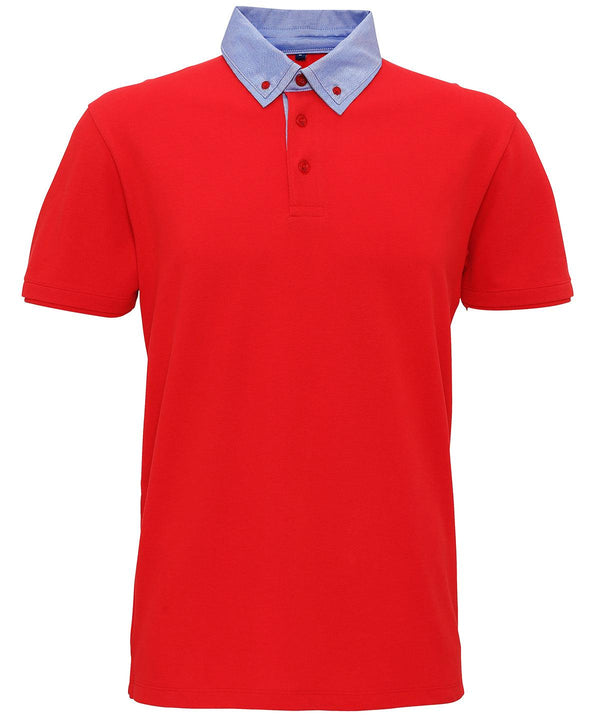Red/Denim - Men's chambray button-down collar polo Polos Asquith & Fox Perfect for DTG print, Plus Sizes, Polos & Casual, Raladeal - Recently Added Schoolwear Centres