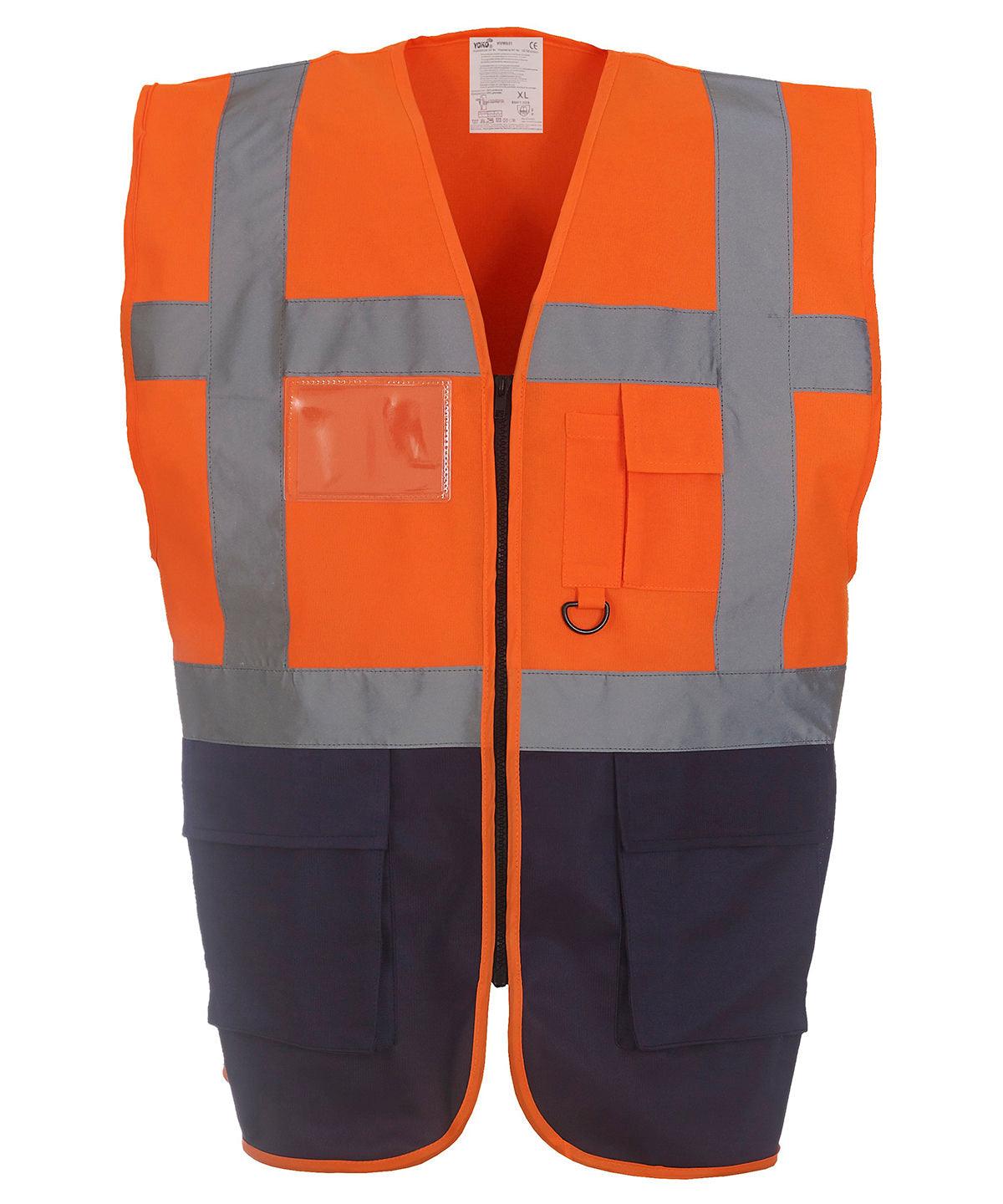 Orange/Navy - Multifunctional executive hi-vis waistcoat (HVW801) Safety Vests Yoko Must Haves, Personal Protection, Plus Sizes, Safety Essentials, Safetywear, Workwear Schoolwear Centres