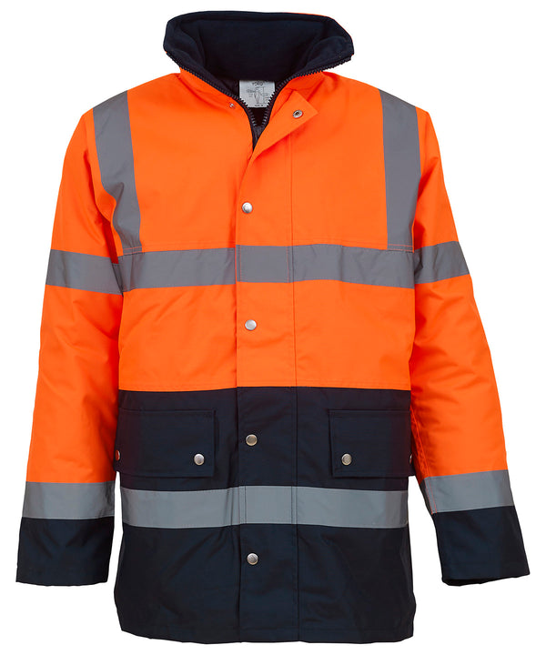 Orange/Navy - Hi-vis two-tone motorway jacket (HVP302) Jackets Yoko Jackets & Coats, Must Haves, Plus Sizes, Safetywear, Workwear Schoolwear Centres
