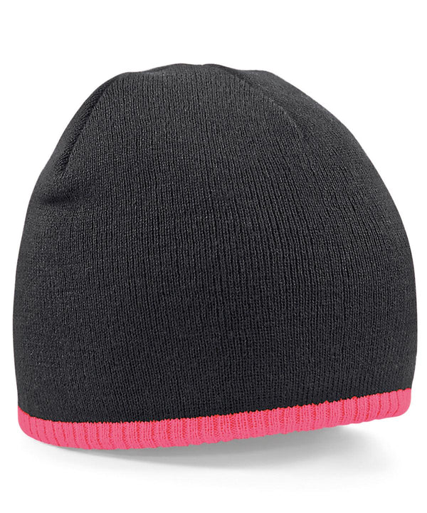 Black/Fluorescent Pink - Two-tone pull-on beanie Hats Beechfield Headwear, Knitwear, Must Haves, Winter Essentials Schoolwear Centres