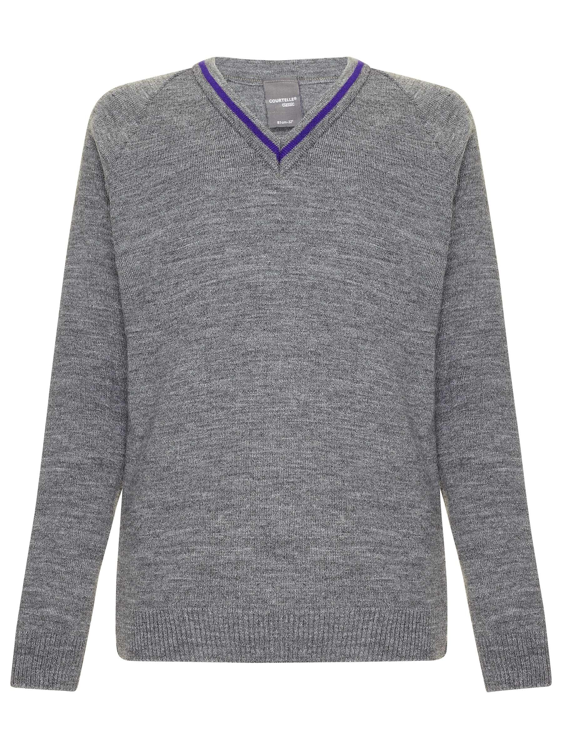 Grey Knitted Jumper with Double Purple Stripe - Schoolwear Centres | School Uniforms near me