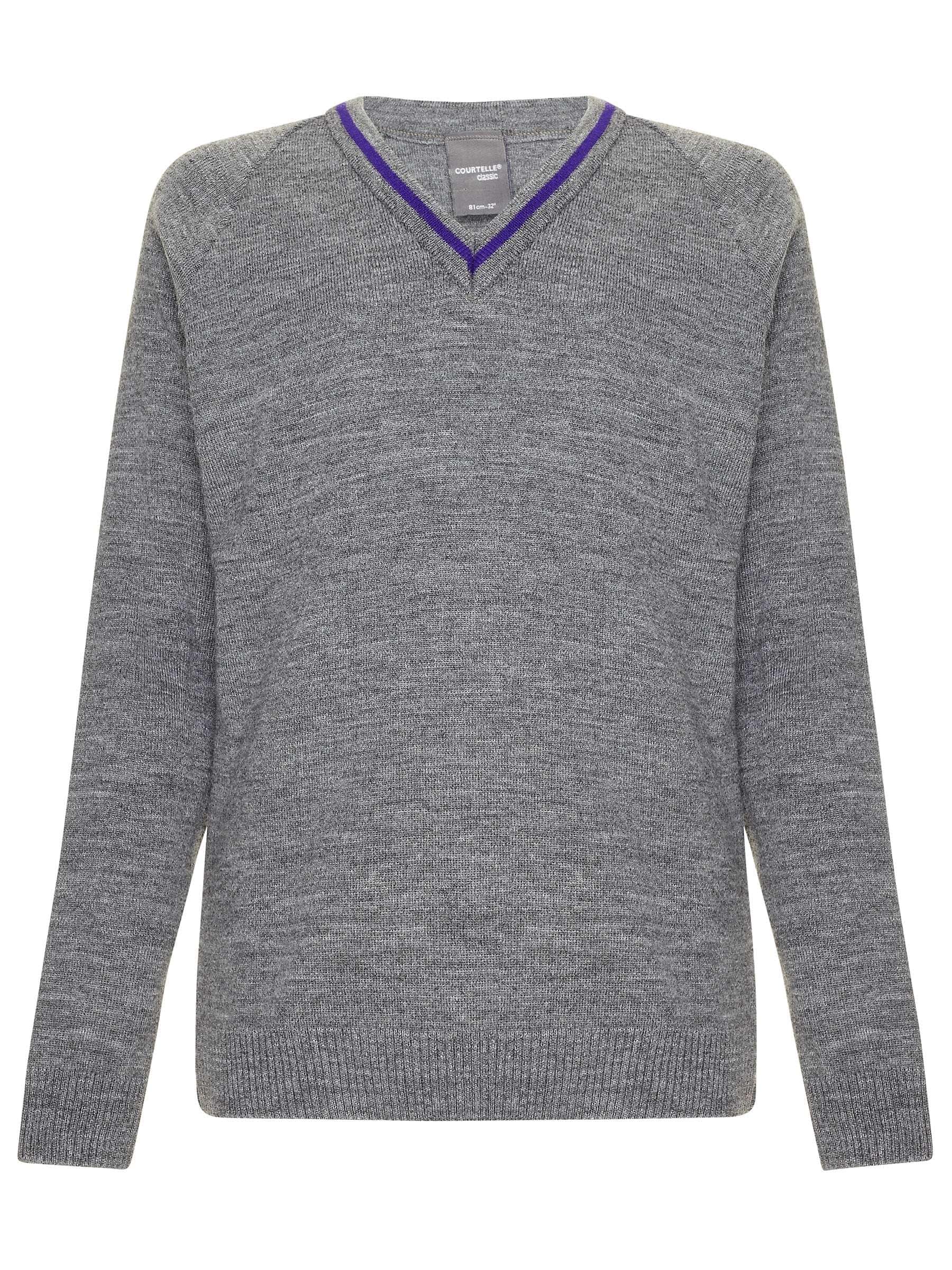 Grey Knitted Jumper with Double Purple Stripe - Schoolwear Centres | School Uniforms near me