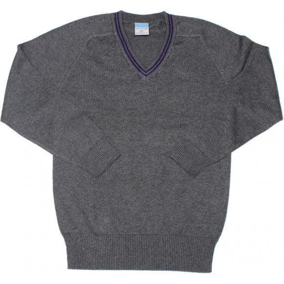 Grey Knitted Jumper with Double Purple Stripe - Schoolwear Centres | School Uniforms near me