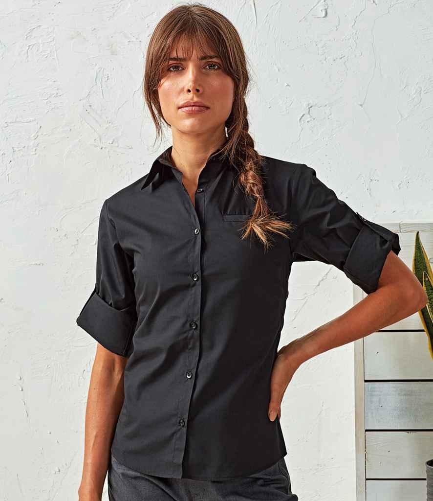 Premier Ladies Roll Sleeve Poplin Blouse | Black Blouse Premier style-pr306 Schoolwear Centres