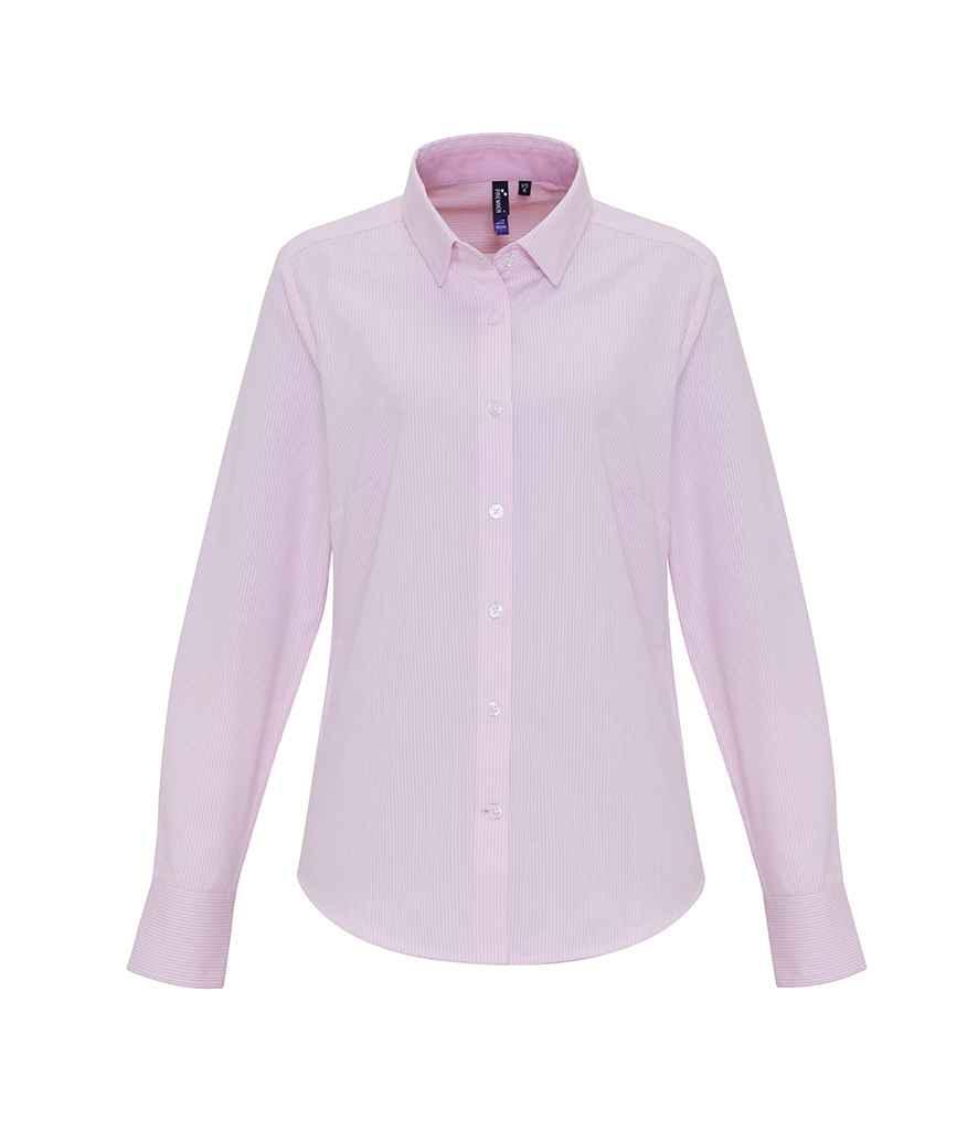 Premier Ladies Long Sleeve Striped Oxford Shirt | White/Pink Shirt Premier style-pr338 Schoolwear Centres