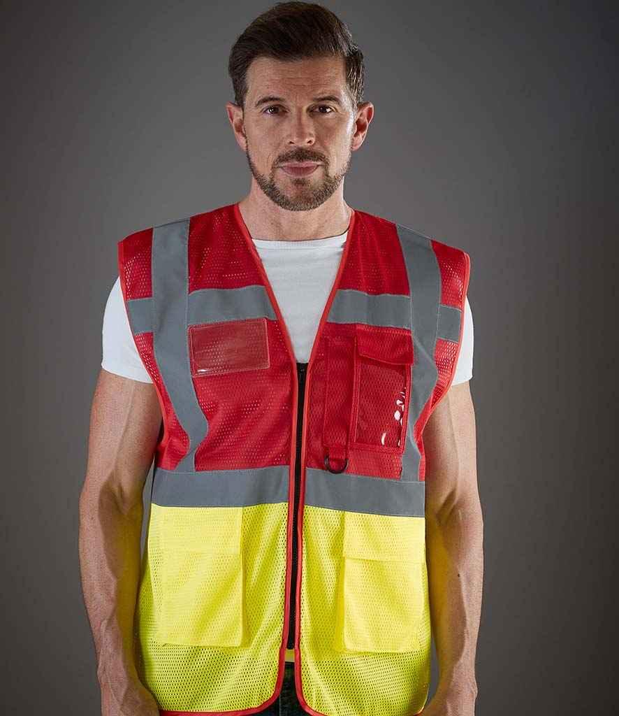 Yoko Hi-Vis Top Cool Open Mesh Executive Waistcoat | Red/Yellow Waistcoat Yoko hi-vis, Hi-vis Adult, Hi-vis Reflective Border Kids Waistcoat, Hi-vis Tops, Hi-Viz Premium P.E. Bag, style-yk107, workwear, Yoko Schoolwear Centres