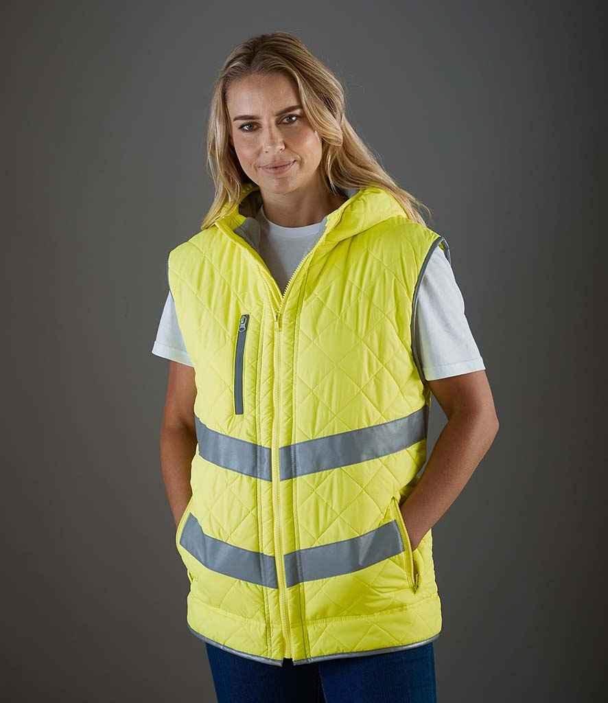 Yoko Hi-Vis Kensington Hooded Gilet | Yellow Gilet Yoko hi-vis, Hi-vis Adult, Hi-vis Reflective Border Kids Waistcoat, Hi-vis Tops, Hi-Viz Premium P.E. Bag, style-yk216, workwear, Yoko Schoolwear Centres