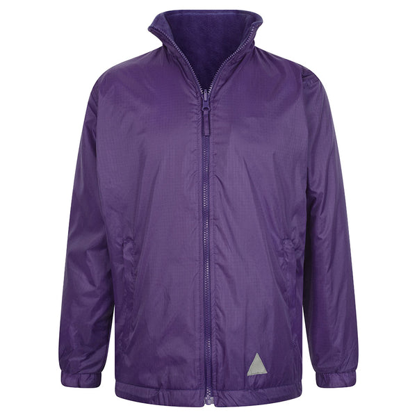 Friars primary school uniform, Southend | Purple Reverible Fleece Jacket  (Rain) Jackets with Hoodie / School Logo | with School Logo| Schoolwear Centres