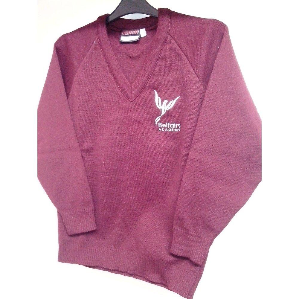 Belfairs Academy -  V-Neck Knitted Maroon Jumper with School Logo - Schoolwear Centres | School Uniform Centres