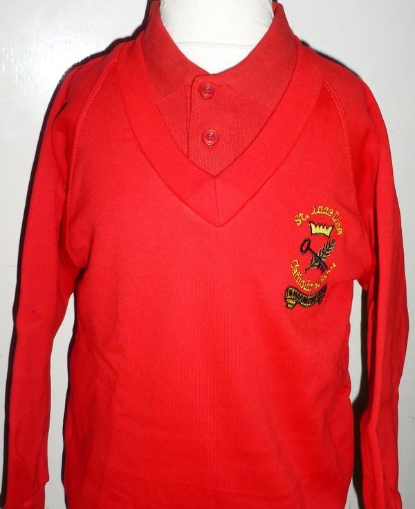 St Anne Line Catholic Juniors School - Red Sweatshirt V-neck Jumper with School Logo - Schoolwear Centres | School Uniform Centres
