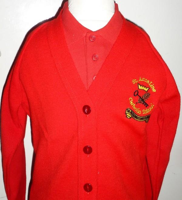 St Anne Line Catholic Juniors School - Red Knitted Cardigan with School Logo - Schoolwear Centres | School Uniform Centres