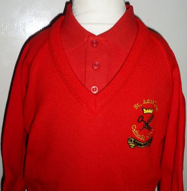 St Anne Line Catholic Juniors School - Red Knitted Jumper with School Logo - Schoolwear Centres | School Uniform Centres