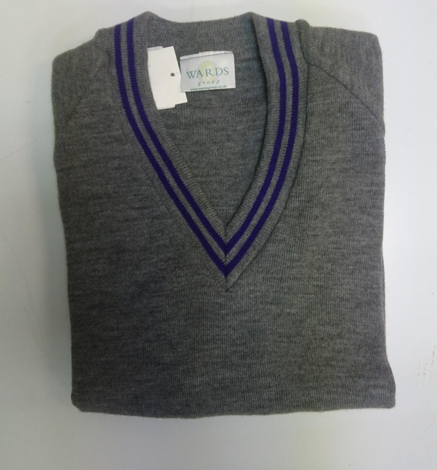 KNITTED GREY JUMPER WITH PURPLE TRIM - Schoolwear Centres | School Uniform Centres