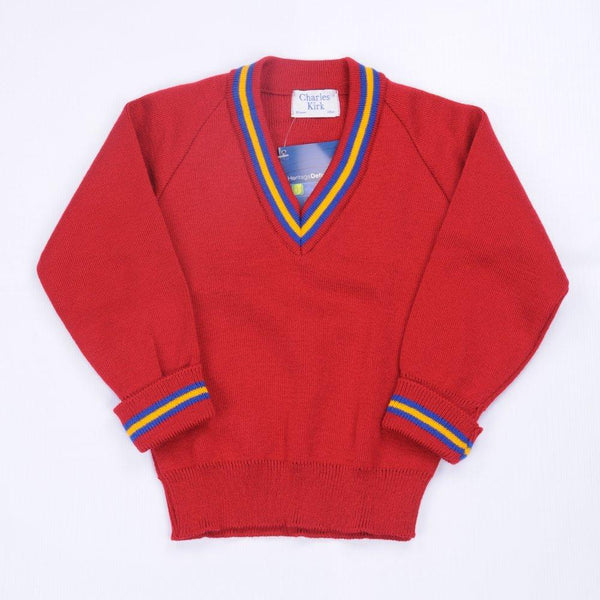 Bournes Green School - Red Knitwear (Knitted) Jumper with Blue and Gold Trim - Schoolwear Centres | School Uniform Centres