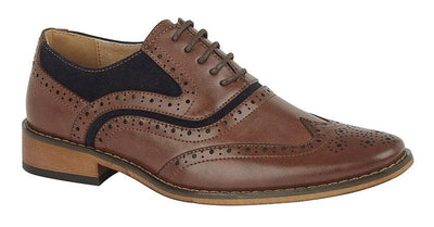 GOOR  5 Eye Wing Capped Brogue Oxford Shoe | Dark Tan/Navy - Schoolwear Centres | School Uniform Centres
