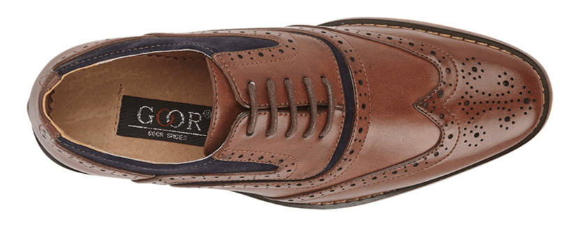 GOOR  5 Eye Wing Capped Brogue Oxford Shoe | Dark Tan/Navy - Schoolwear Centres | School Uniform Centres