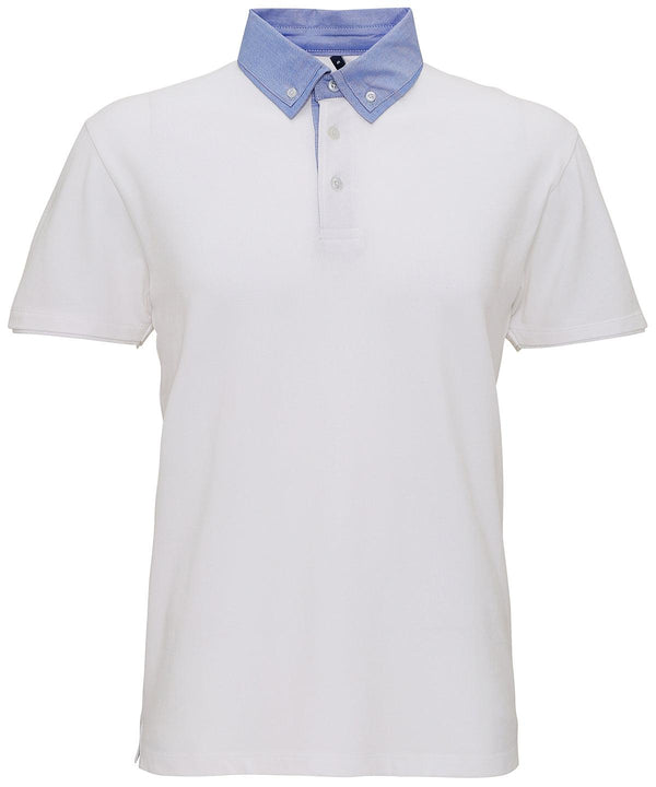 White/Denim - Men's chambray button-down collar polo Polos Asquith & Fox Perfect for DTG print, Plus Sizes, Polos & Casual, Raladeal - Recently Added Schoolwear Centres