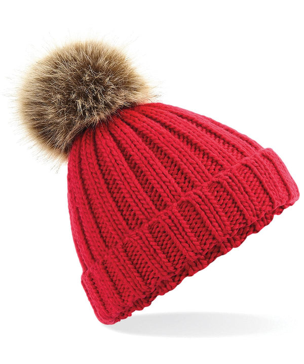 Classic Red - Fur pop pom chunky beanie Hats Beechfield Gifting, Headwear, Must Haves, Winter Essentials Schoolwear Centres