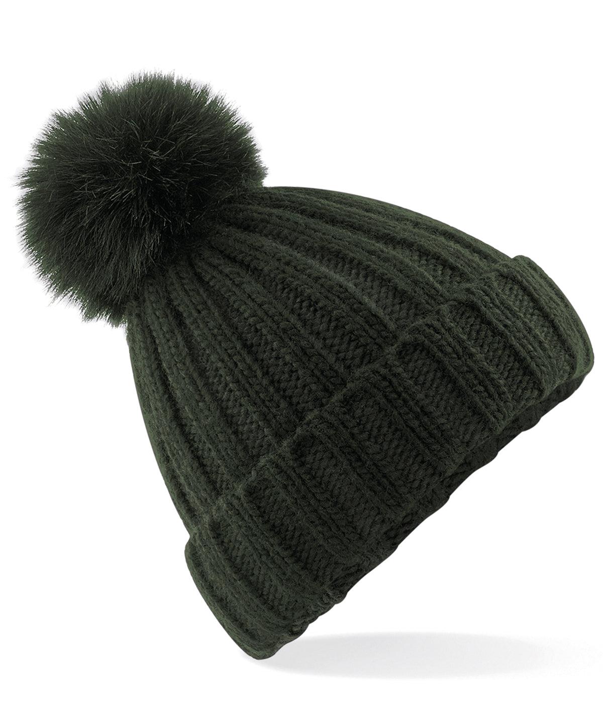 Dark Olive - Verbier fur pop pom chunky beanie Hats Beechfield Headwear, Rebrandable, Winter Essentials Schoolwear Centres