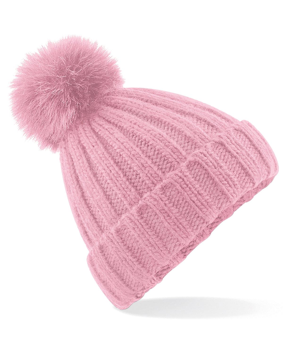 Dusky Pink - Verbier fur pop pom chunky beanie Hats Beechfield Headwear, Rebrandable, Winter Essentials Schoolwear Centres