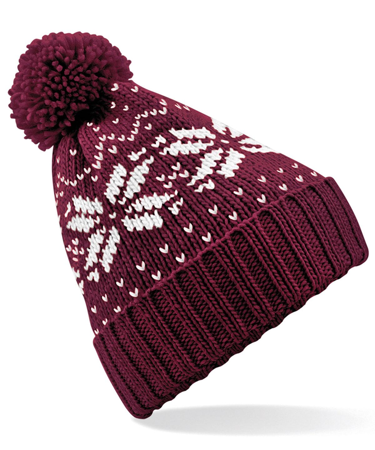 Burgundy/White - Fair Isle snowstar® beanie Hats Beechfield Headwear, Raladeal - High Stock, Winter Essentials Schoolwear Centres