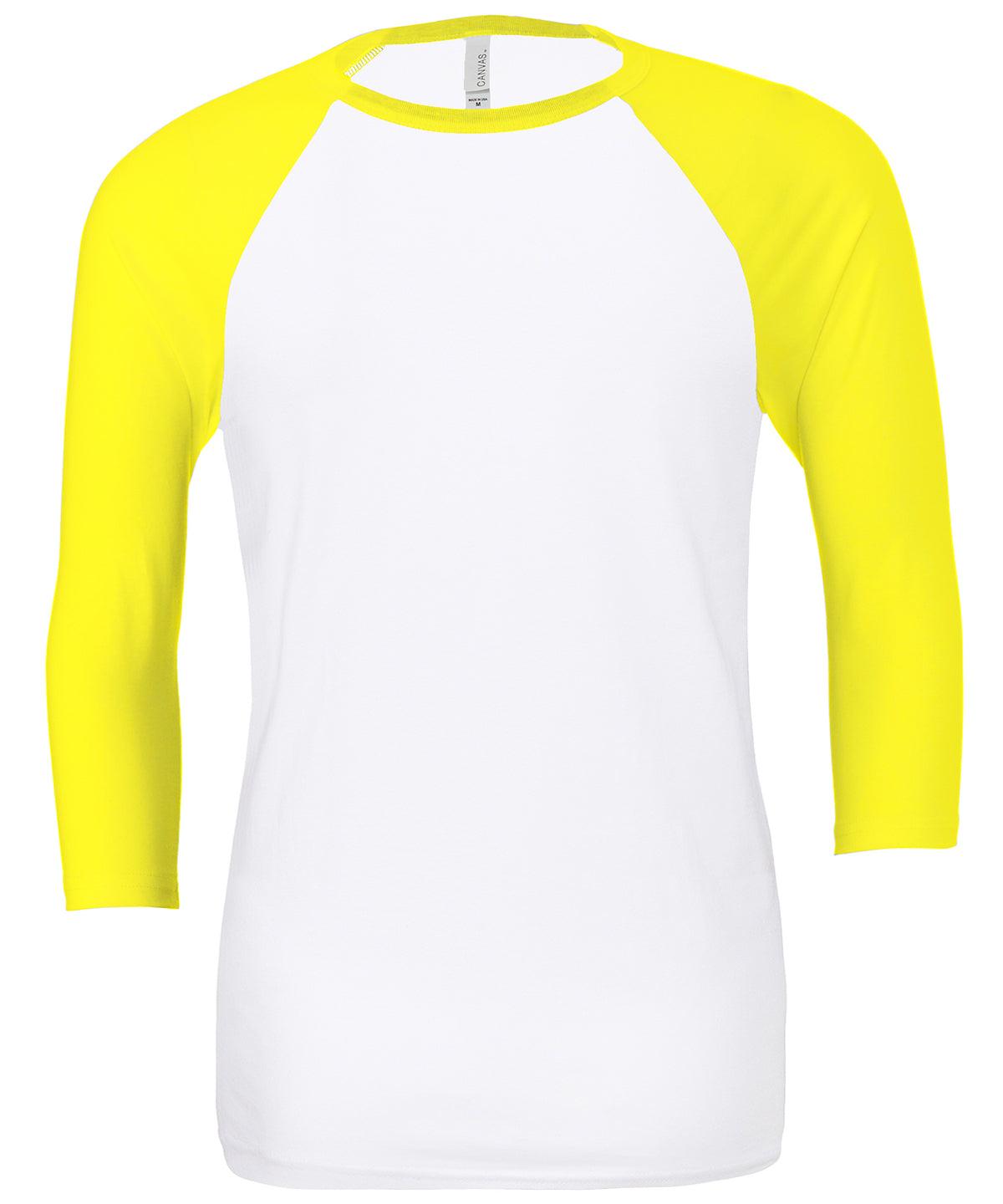 White/Neon Yellow - Unisex triblend ¾ sleeve baseball t-shirt T-Shirts Bella Canvas Merch, Must Haves, Raladeal - Recently Added, Rebrandable, T-Shirts & Vests Schoolwear Centres
