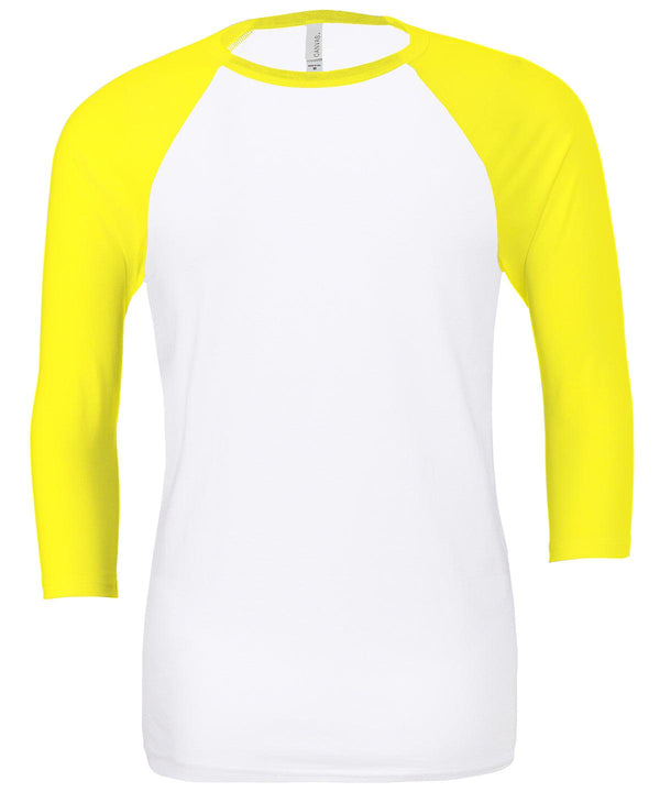 White/Neon Yellow - Unisex triblend ¾ sleeve baseball t-shirt T-Shirts Bella Canvas Merch, Must Haves, Raladeal - Recently Added, Rebrandable, T-Shirts & Vests Schoolwear Centres