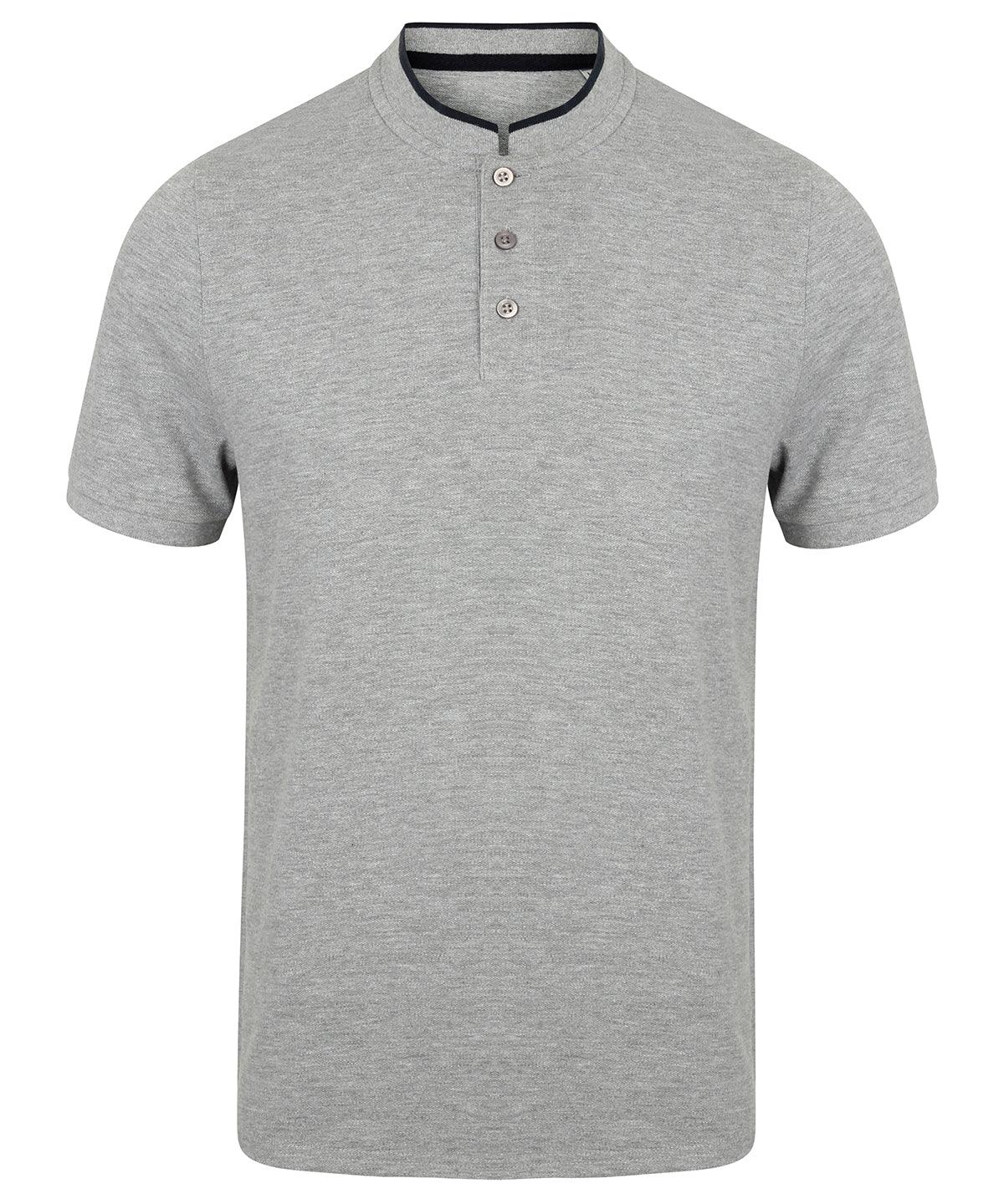 Heather Grey/Bright Navy - Stand collar stretch polo shirt Polos Front Row Polos & Casual, Raladeal - Recently Added Schoolwear Centres