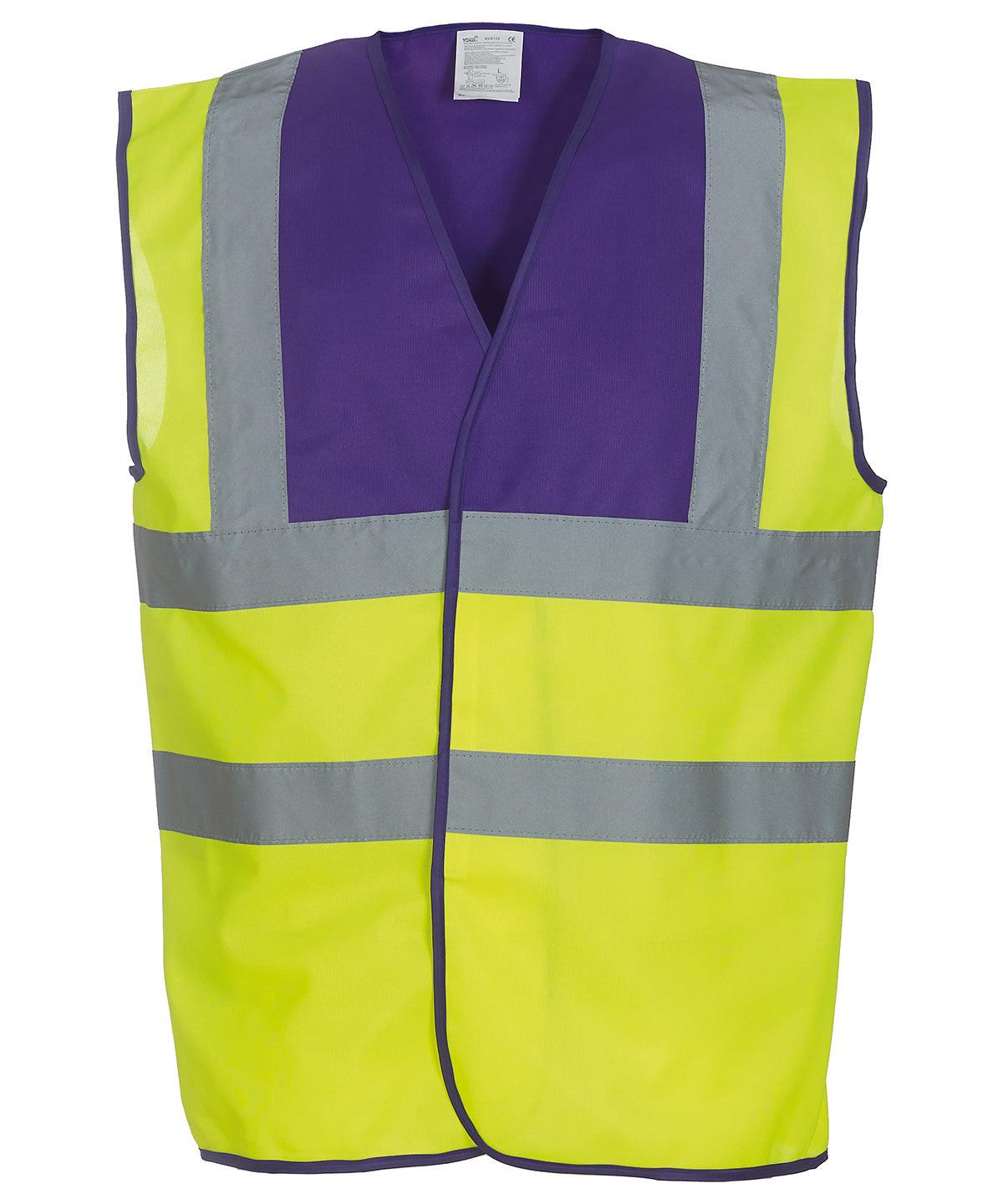 Purple Yoke/Yellow - Hi-vis 2-band-and-braces waistcoat (HVW100) Safety Vests Yoko Must Haves, Personal Protection, Plus Sizes, Safety Essentials, Safetywear, Workwear Schoolwear Centres