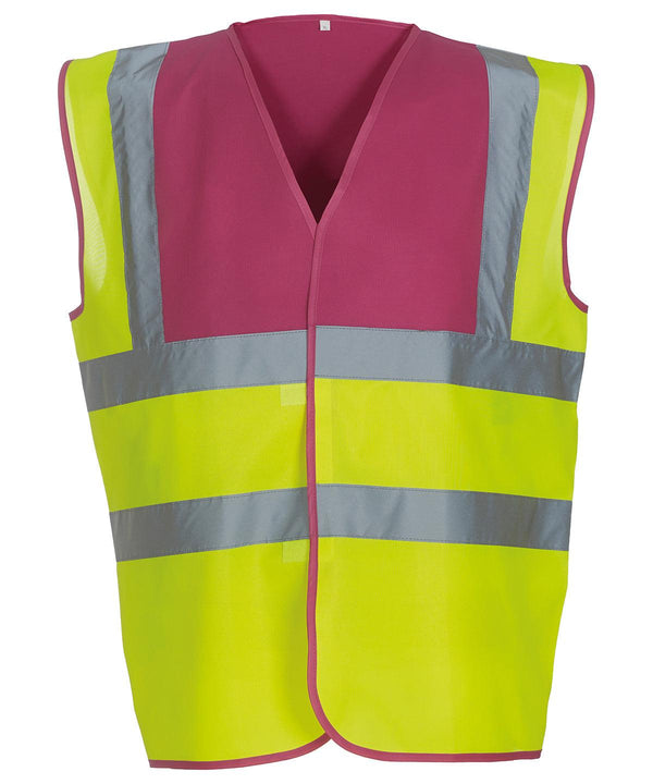 Raspberry Yoke/Yellow - Hi-vis 2-band-and-braces waistcoat (HVW100) Safety Vests Yoko Must Haves, Personal Protection, Plus Sizes, Safety Essentials, Safetywear, Workwear Schoolwear Centres