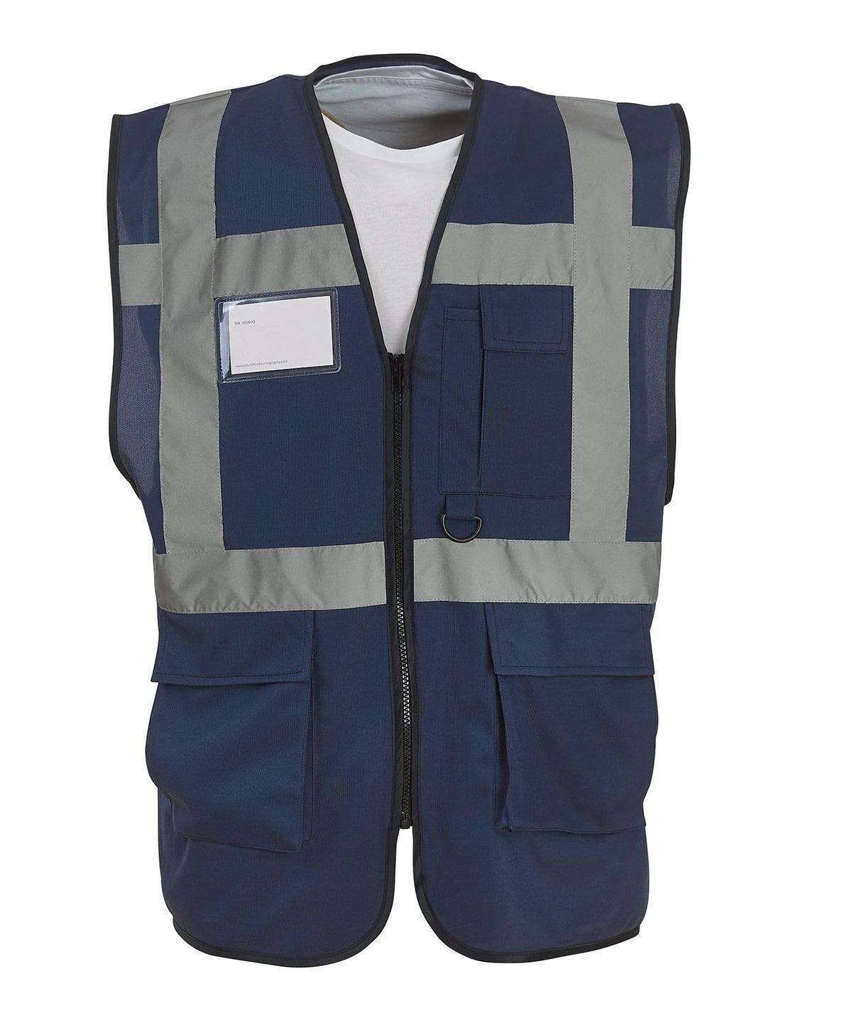 Navy - Multifunctional executive hi-vis waistcoat (HVW801) Safety Vests Yoko Must Haves, Personal Protection, Plus Sizes, Safety Essentials, Safetywear, Workwear Schoolwear Centres