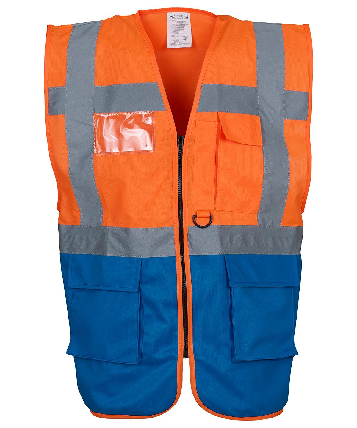 Orange/Royal Blue - Multifunctional executive hi-vis waistcoat (HVW801) Safety Vests Yoko Must Haves, Personal Protection, Plus Sizes, Safety Essentials, Safetywear, Workwear Schoolwear Centres