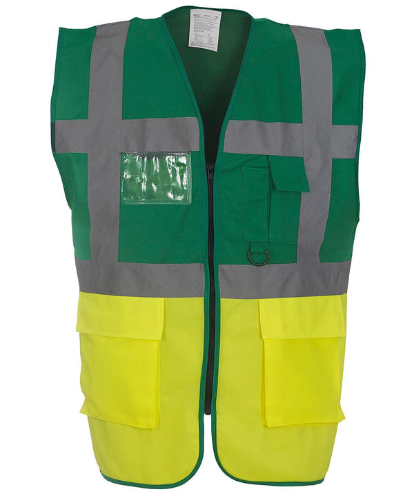 Paramedic Green/Yellow - Multifunctional executive hi-vis waistcoat (HVW801) Safety Vests Yoko Must Haves, Personal Protection, Plus Sizes, Safety Essentials, Safetywear, Workwear Schoolwear Centres