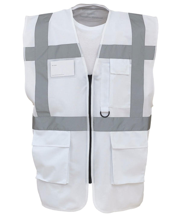White - Multifunctional executive hi-vis waistcoat (HVW801) Safety Vests Yoko Must Haves, Personal Protection, Plus Sizes, Safety Essentials, Safetywear, Workwear Schoolwear Centres
