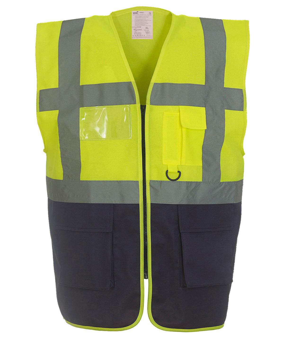 Yellow/Navy - Multifunctional executive hi-vis waistcoat (HVW801) Safety Vests Yoko Must Haves, Personal Protection, Plus Sizes, Safety Essentials, Safetywear, Workwear Schoolwear Centres