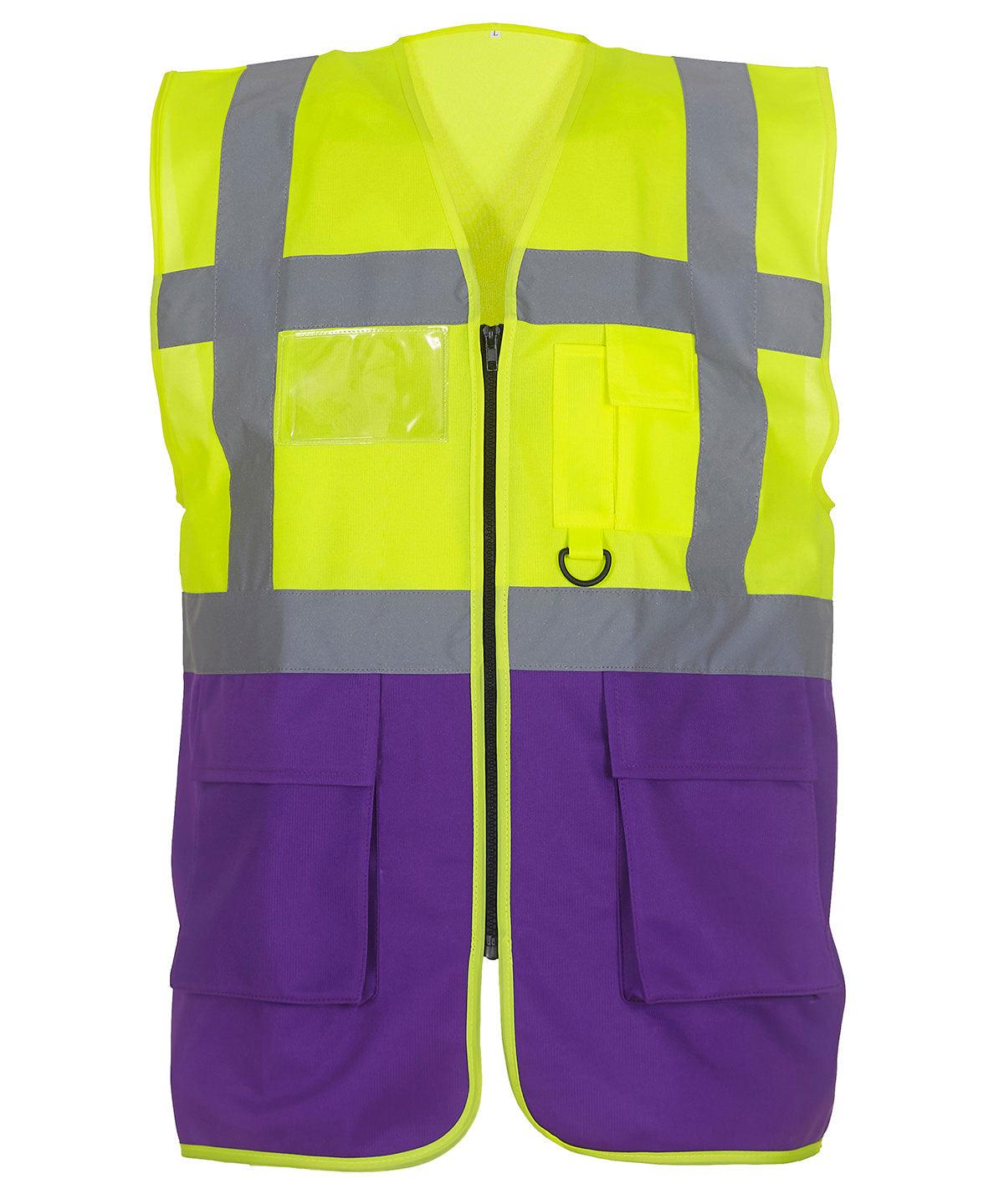 Yellow/Purple - Multifunctional executive hi-vis waistcoat (HVW801) Safety Vests Yoko Must Haves, Personal Protection, Plus Sizes, Safety Essentials, Safetywear, Workwear Schoolwear Centres