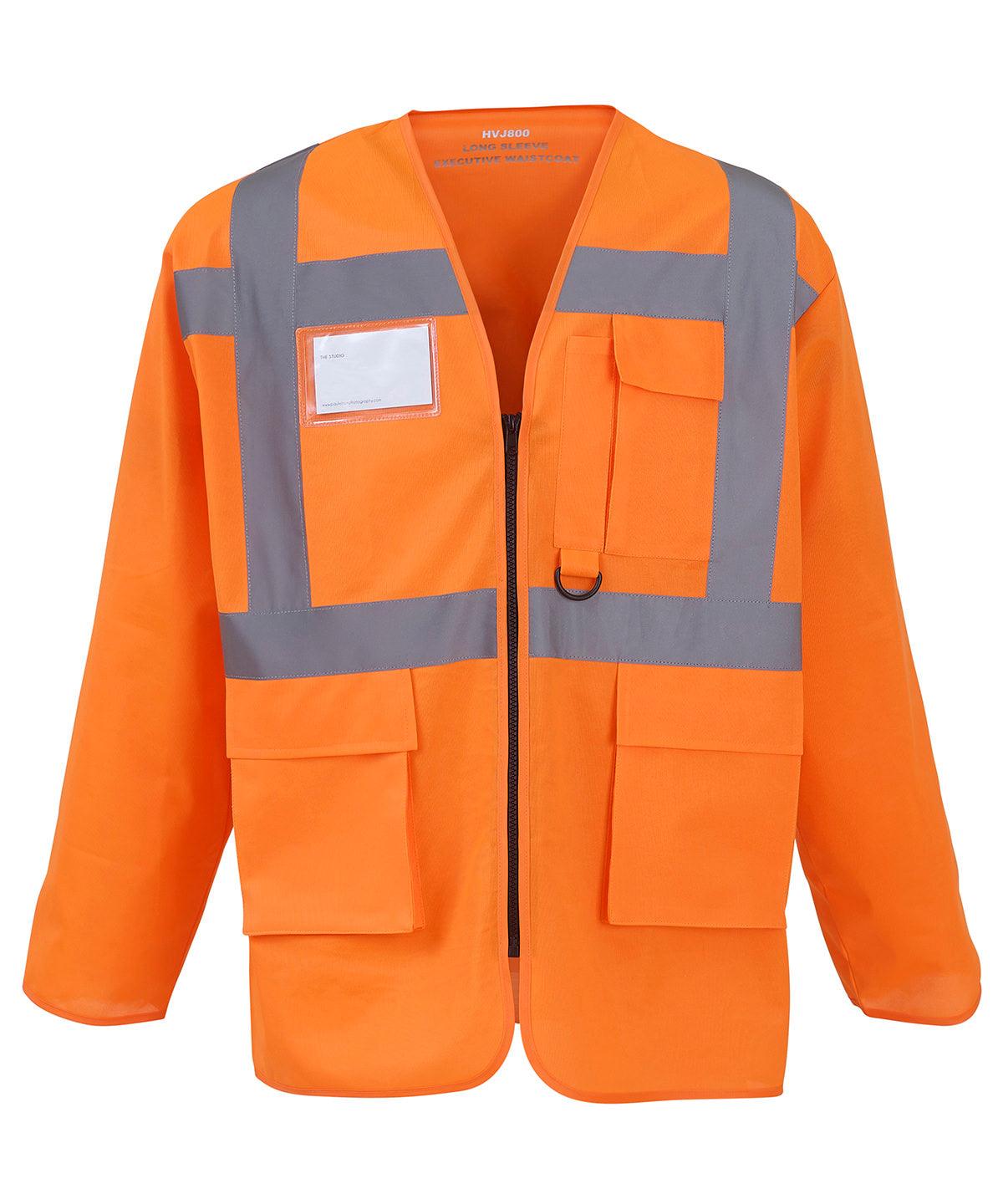 Orange - Hi-vis executive long sleeve waistcoat (HVJ800) Safety Vests Yoko Plus Sizes, Safetywear, Workwear Schoolwear Centres