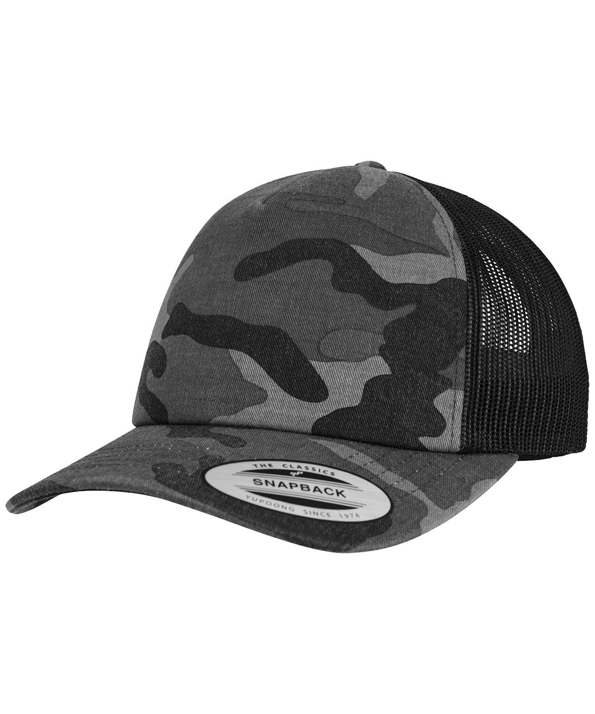 Dark Camo/Black - Camo trucker cap (6606C) Caps Flexfit by Yupoong Camo, Headwear, Rebrandable Schoolwear Centres