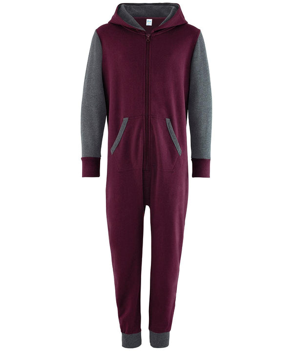Burgundy/Charcoal - Kids contrast all-in-one Onesies Comfy Co Junior, Lounge & Underwear, Sale, Winter Essentials Schoolwear Centres