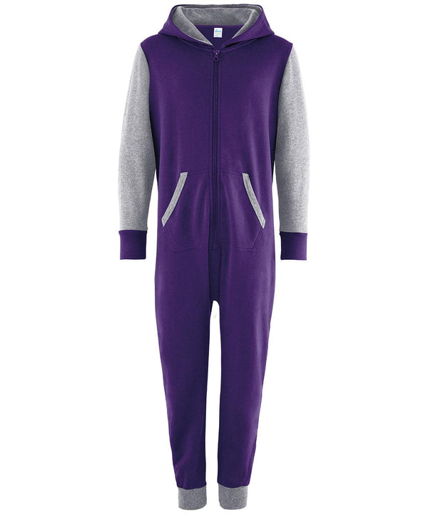 Purple/Heather Grey - Kids contrast all-in-one Onesies Comfy Co Junior, Lounge & Underwear, Sale, Winter Essentials Schoolwear Centres
