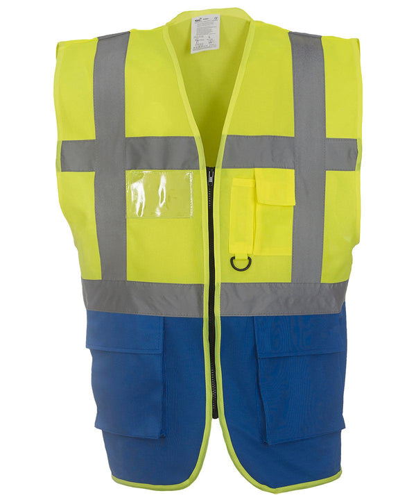 Yellow/Royal Blue - Multifunctional executive hi-vis waistcoat (HVW801) Safety Vests Yoko Must Haves, Personal Protection, Plus Sizes, Safety Essentials, Safetywear, Workwear Schoolwear Centres