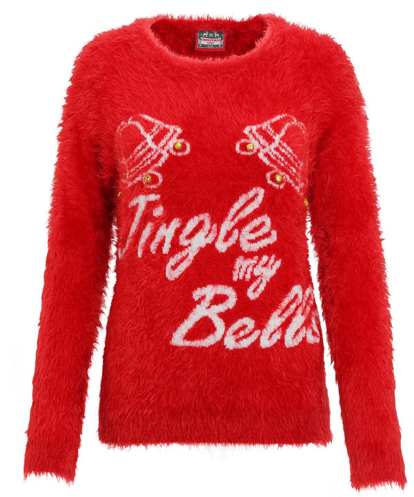 Red - Women’s 3D "jingle my bells" knitted jumper Knitted Jumpers The Christmas Shop Christmas Schoolwear Centres