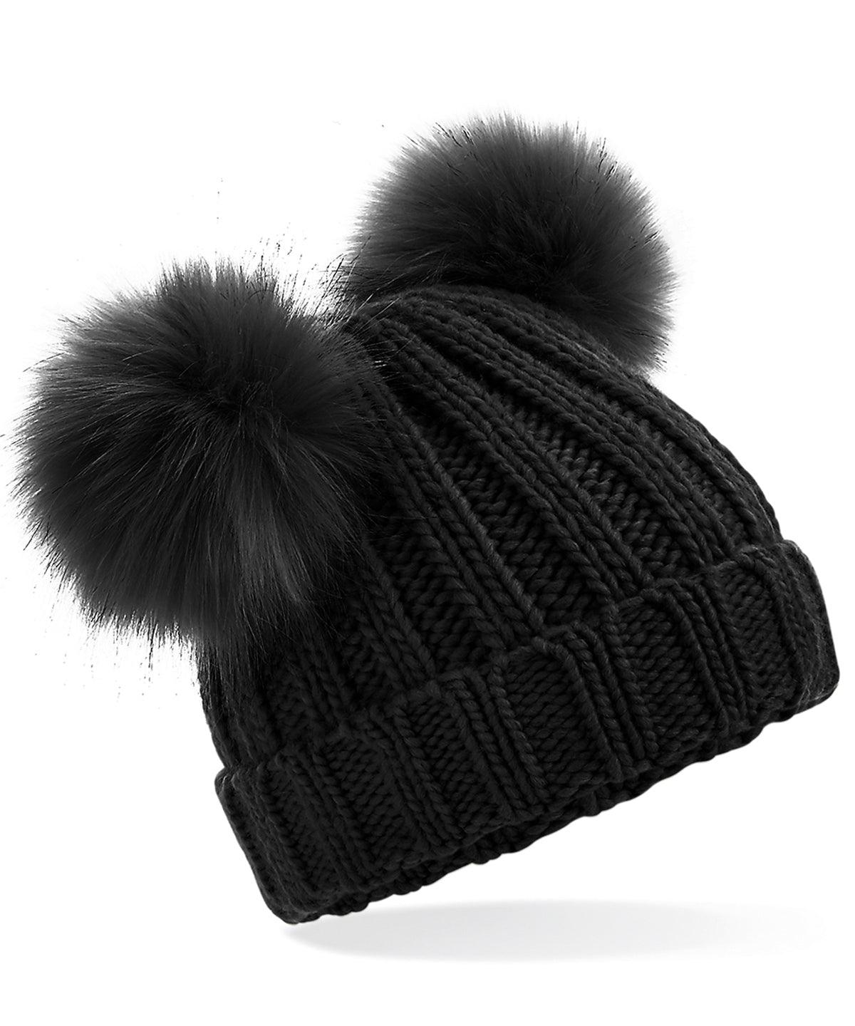 Black - Infant/junior faux fur double pom pom beanie Hats Beechfield Baby & Toddler, Directory, Gifting, Headwear, Junior, Rebrandable Schoolwear Centres