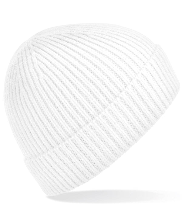 White - Engineered knit ribbed beanie Hats Beechfield Directory, Headwear, Knitwear, Must Haves, Rebrandable, Trending, Winter Essentials Schoolwear Centres