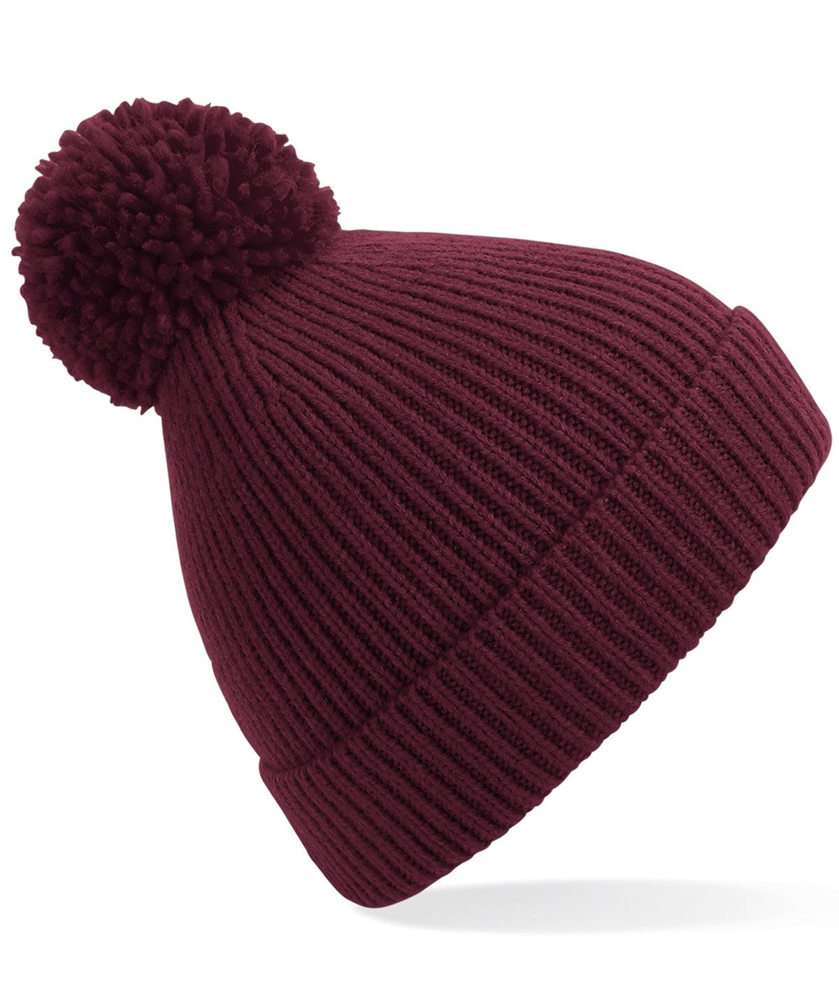 Burgundy - Engineered knit ribbed pom pom beanie Hats Beechfield Directory, Headwear, Knitwear, Rebrandable, Winter Essentials Schoolwear Centres