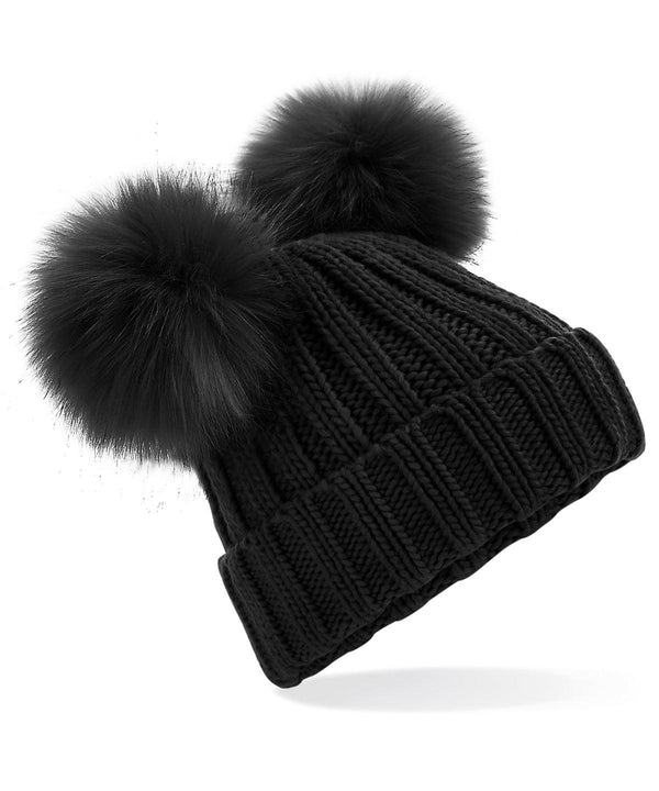 Black - Faux fur double pop pom beanie Hats Beechfield Directory, Gifting, Headwear, Rebrandable, Winter Essentials Schoolwear Centres
