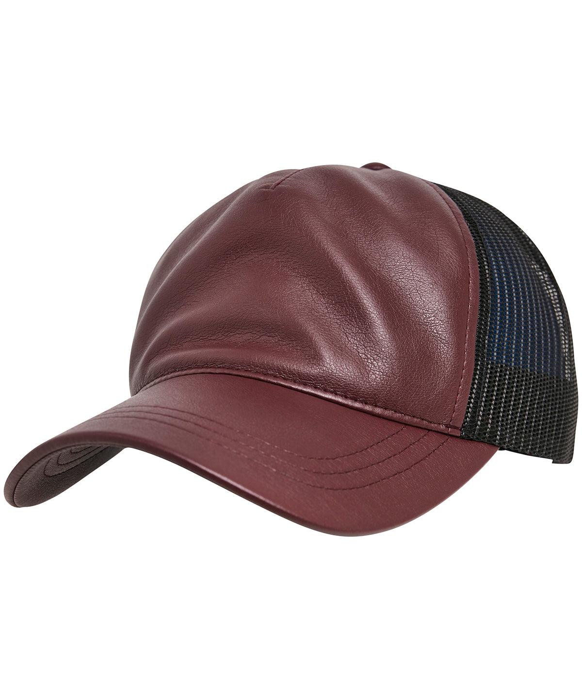 Maroon/Black - Leather trucker Caps Flexfit by Yupoong Directory, Headwear, Rebrandable Schoolwear Centres