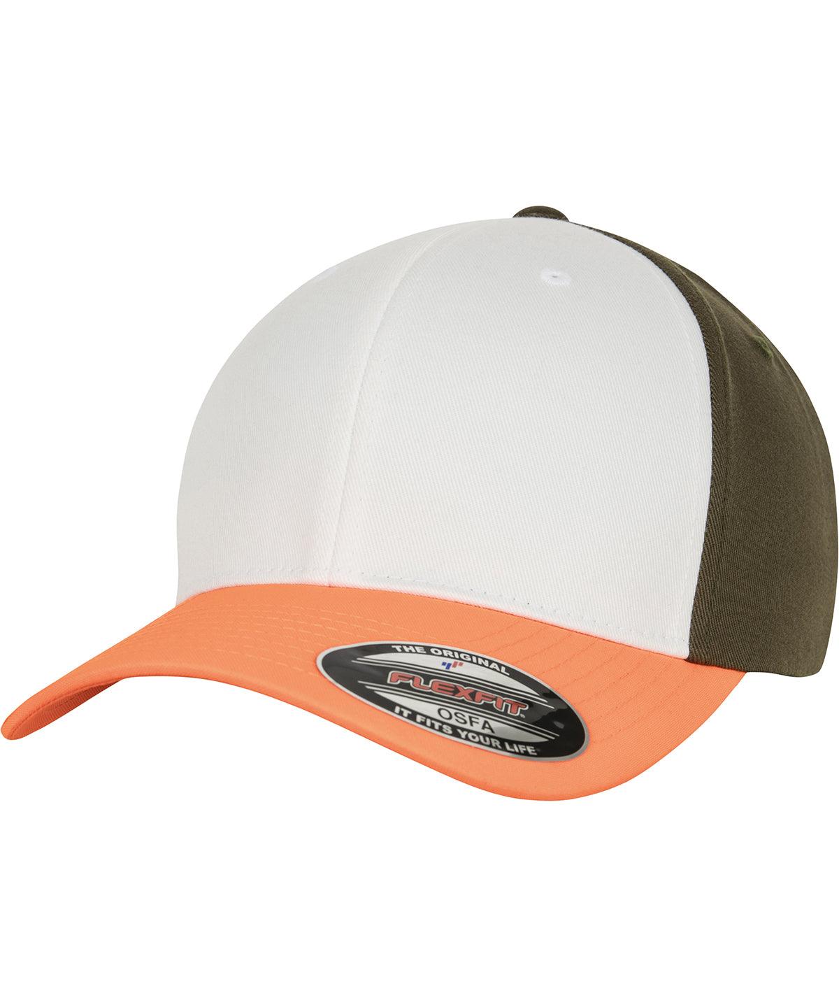 Neon Orange/White/Olive - 3-tone Flexfit (6277TT) Caps Flexfit by Yupoong Headwear Schoolwear Centres